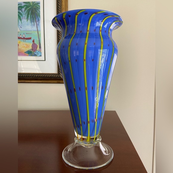 Gorgeous Cased Blue Vase w/ Yellow Pin Stripes Red Hand Blown Pontil Art Glass - Picture 1 of 12